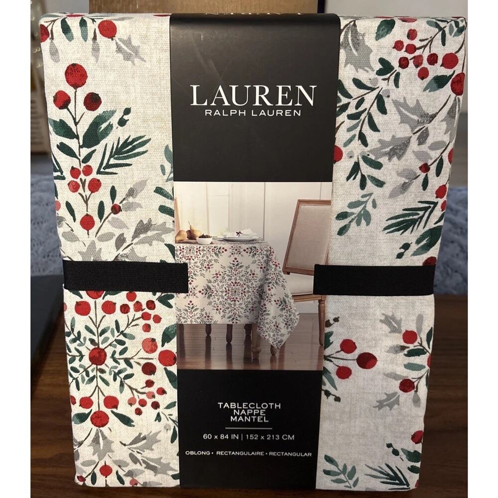 New Lauren Ralph Lauren Christmas Tablecloth 60” x 84” Holiday Holly Red Green